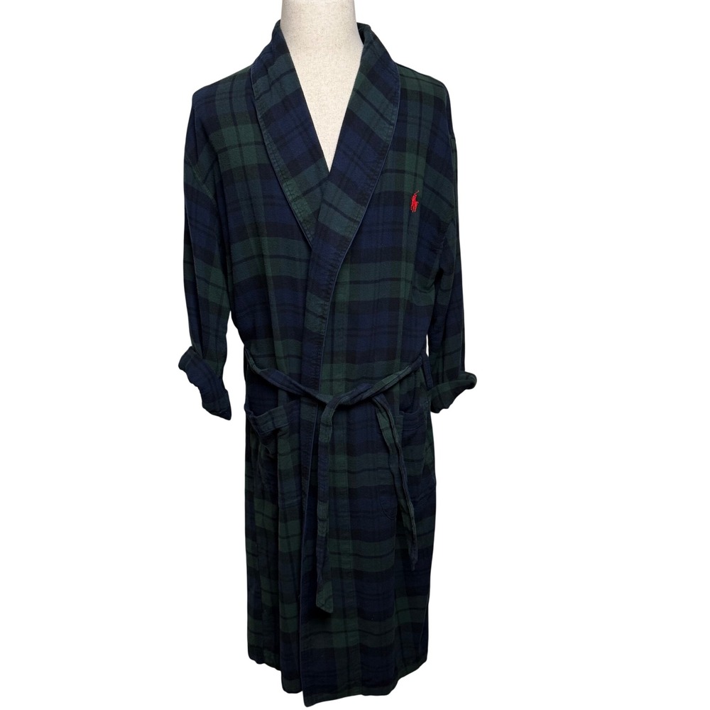 Polo Ralph Lauren Mens Blackwatch Plaid Flannel Robe S/M Green Blue Cotton Pony